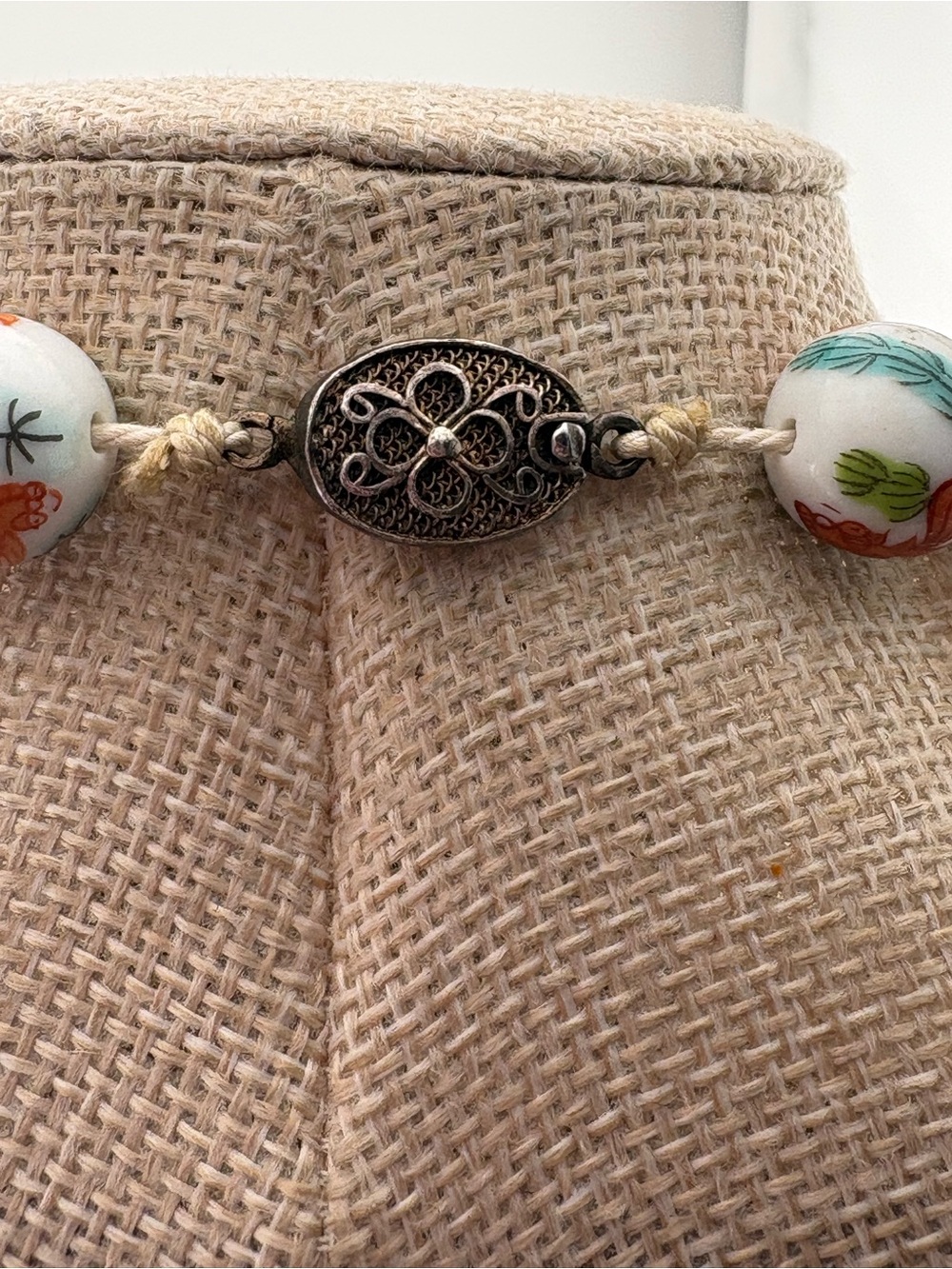 Hand-Painted Fantail Goldfish Ceramic Bead Necklace in White, Red & Green - Picture 4 of 5